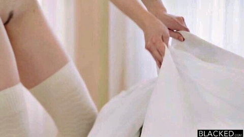 Evelyn Claire in white stockings bending over nude, Blacked interracial tease