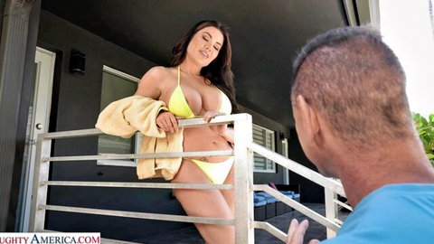 Savanah Storm in yellow bikini seduces married landlord on balcony