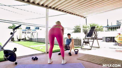 Bree Brooks in pink leggings teasing Parker Ambrose with her milf ass outdoors