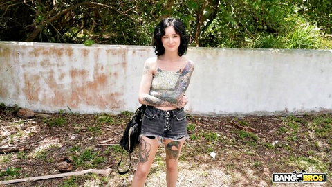 Lysagna DelRay tattooed beauty in crop top and shorts on Bang Bus