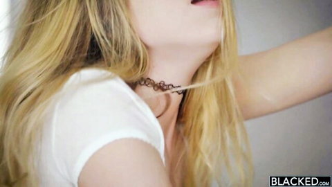 Blonde babe with choker opens mouth wide teasing for big black cock in BLACKED