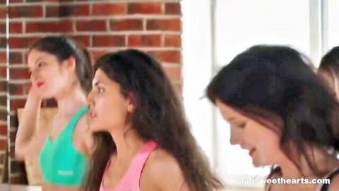 Fit brunettes with big tits in aerobics outfits posing naughtily