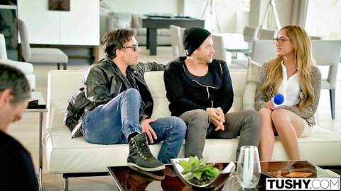 Conservative Latina girlfriend interviewed before intense threesome anal stretching