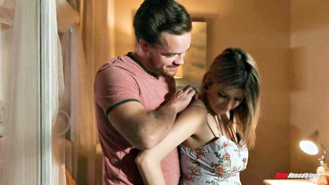 Sara Bell in intimate embrace with Kyle Mason, teasing big tits in stepsis scene