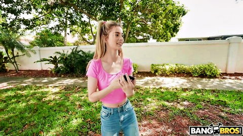 Petite blonde Molly Little in pink crop top and jeans on Bang Bus