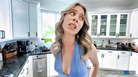 Anya Olsen in sexy blue dress with cleavage in steamy threesome