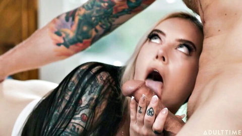 Cubbi Thompson and tattooed brunette sucking Chad Alva's cock in threesome