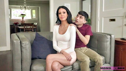 Jamie Michelle in white top seduces stepson on couch with big tits