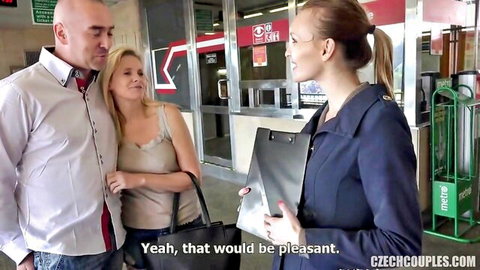 Czech MILF and busty blonde friend chat with bald man outdoors