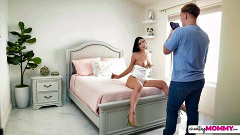 Venus Valencia topless in white lingerie, bound wrists, posed for stepson POV photo