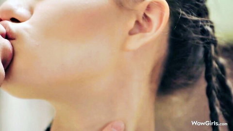 Evelin Elle puckers lips in close-up POV oral tease, braided hair