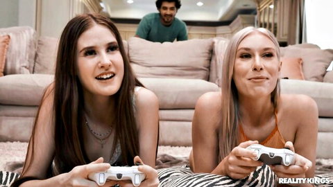 Rico Hernandez and Athena Heart as athletic gamer roomies in sexy outfits