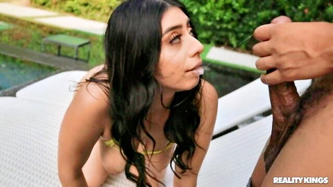 Violet Myers in yellow bikini sucking Ricky Johnson's BBC poolside