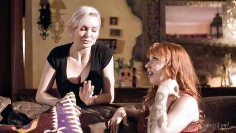Blonde stepmom and redhead stepdaughter in steamy slumber party tease