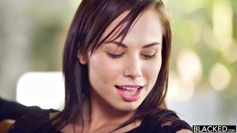 Hot brunette in lace top smiles seductively in wild BBC threesome