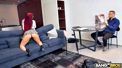 Redhead schoolgirl bends over, exposing tight ass to suited man in BangBros tease