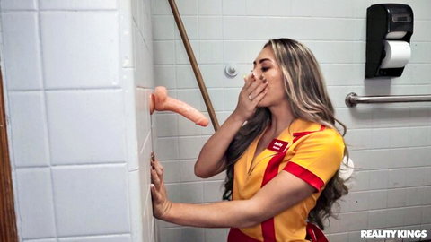 Lifeguard teen in yellow uniform gasps shocked at huge suction dildo on bathroom shower wall