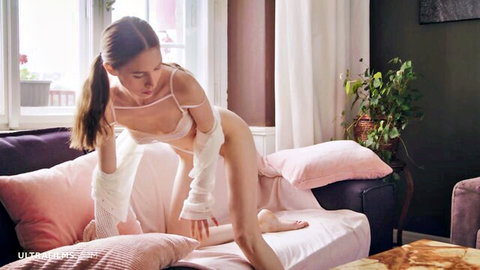 Leona Mia solo in sheer lingerie teasing shaved pussy