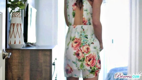 Andi Rose teases in sheer floral dress, perky ass view from behind