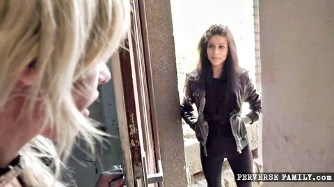 German stepdaughter in leather jacket teases big tits for group sex fantasy