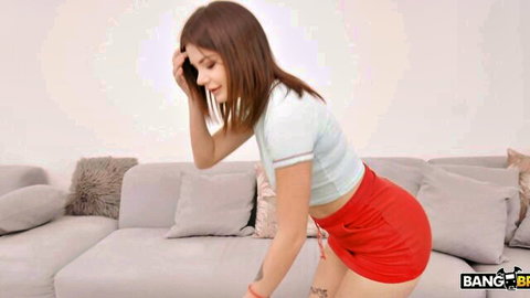 Valkiria Lapiedra bent over in red mini skirt and crop top, teasing ass in POV