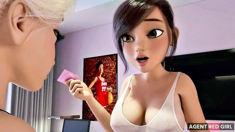 3D Agent Red Girl with big tits in white top, surprised, handing pink card to blonde