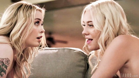 Haley Spades topless with petite blonde in intimate couch chat