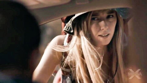 Haley Reed blonde in cowboy hat, seductive car gaze with Keira Croft vibes