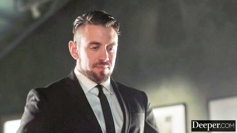 Dante Colle in sharp suit, intense gaze for Tushy threesome with Ameena Green