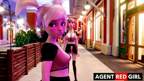Sexy pink-haired agents in revealing outfits posing on neon street