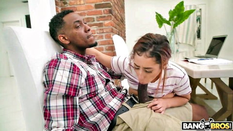 Kira Perez sucks Jonathan Jordan's big black cock in hot BangBros interracial scene