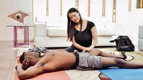 Sharon Lee gives Jason Brown an intimate massage in interracial scene