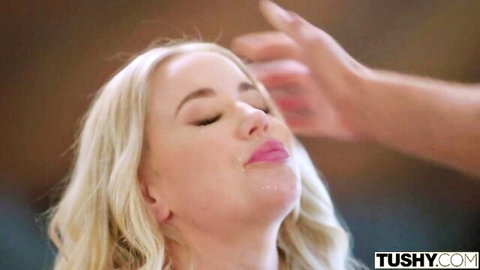 Savannah Bond blonde with cum on lips in intense blowjob