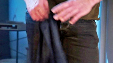 Mature man pulls down khaki pants teasing underwear bulge reveal