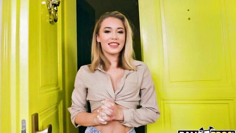 Blonde Rika Fane teases with open shirt and cleavage at the door