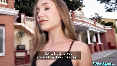 Hot blonde babe in tight dress walking down street for public pickup sex