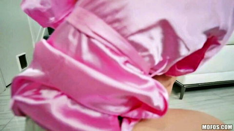 Kenzie Reeves in pink satin robe spreads legs in kinky threesome with Abella Danger