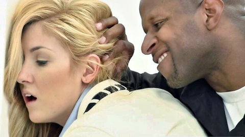Blonde white girl grabbed by black stud in intense interracial tease