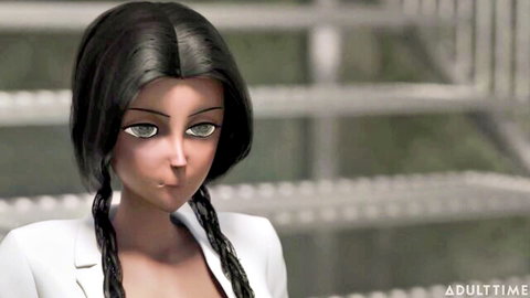 Asian office babe in open white blazer showing deep cleavage and teasing pout