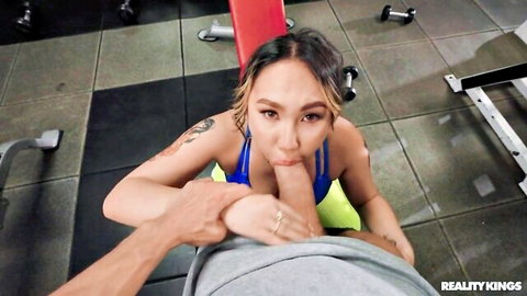 Tomie Tang gives intense POV blowjob in gym gear with Chris Diamond