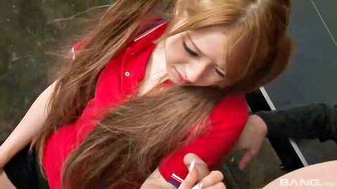 Cute Japanese babe in red shirt performs oral in wild threesome