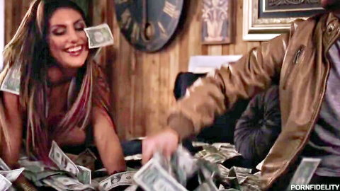 August Ames smiles as Ryan Madison showers her with cash in hot money fetish scene