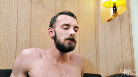 Daisy Taylor's trans scene: bearded stud post-cumshot on her natural tits