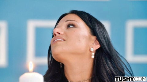 Mona Azar seductive gaze by candlelight, Tushy threesome with Kelsi Monroe