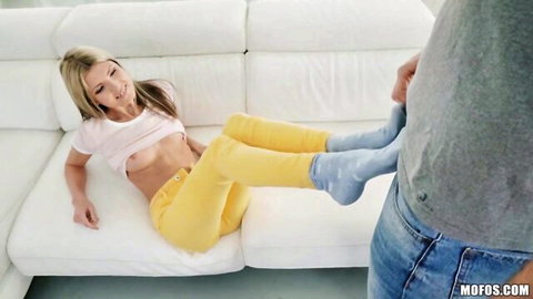Gina Gerson legs up in yellow pants, POV tease on couch
