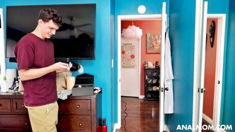 Young clothed stepson holding game controller in bedroom on anal mom site