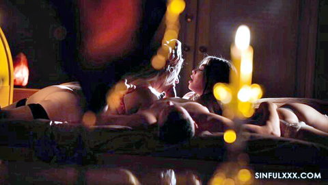 Steamy French casting scene with nude Asian models in group intimacy on bed