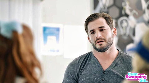 Cum Swapping Sis: Bearded hunk in gray shirt chats with redhead babe