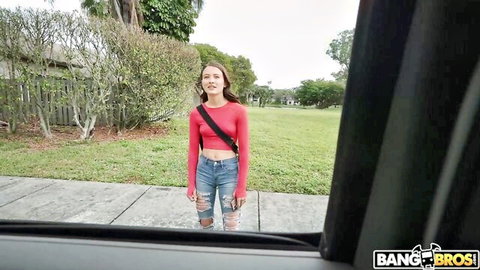 Asian model in red crop top and ripped jeans picked up by BangBus van outdoors