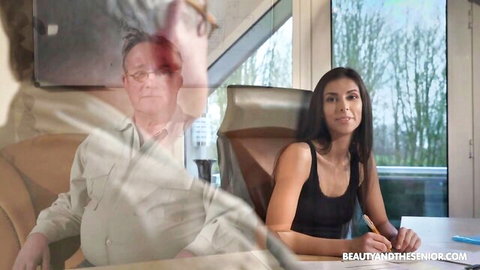 Young brunette beauty in tank top smiles at older man in office chair